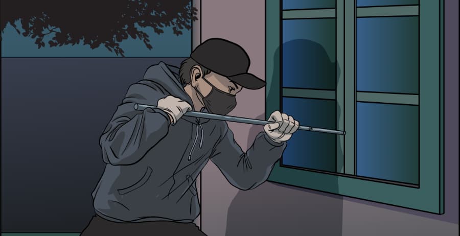 Illustration of burglar forcing entry through a window in Bloomington